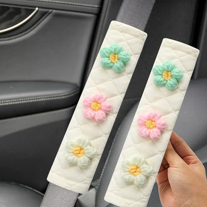 Soft Auto Seat Belt Cover Seatbelt Shoulder Pad Cushions 2 PCS for a More Comfortable Driving Universal Fit for All Cars and Backpack Off-White Knitted Flower (Green & Pink)