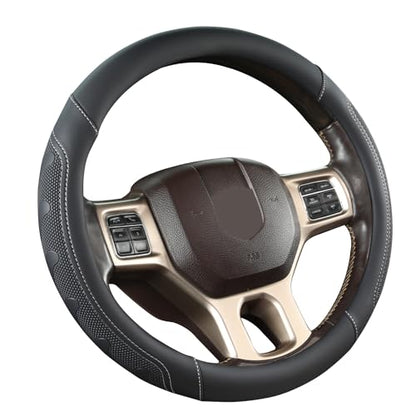 GIANT PANDA Car Steering Wheel Cover for RAM 1500 2500 3500, Compatible with Dodge RAM 15.5-16 inches - Black+Gray Line - color: A-Black+Gray Trim