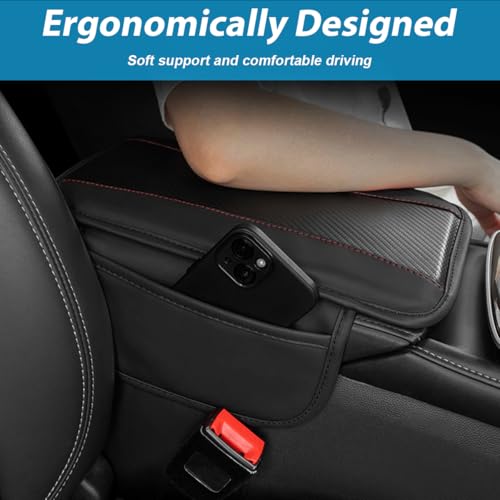 Car Center Console Cover with 2 Storage Bags, Auto Interior Arm Rest Storage Box Pad Accessories, Carbon Fiber Leather Vehicle Armrest Cushion, Universal for SUV, Truck, RV (Black)