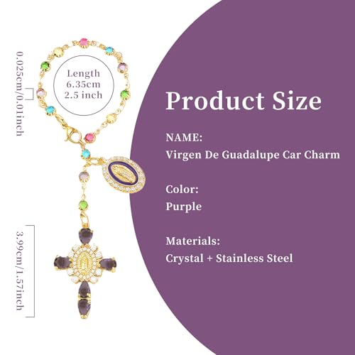 Virgen De Guadalupe Car Charm - Steering Wheel Accessory & Rearview Mirror Hanging, Cross Pendant Automotive Protection Decor - color: Gold-purple