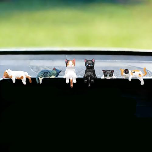 6 Pcs Cat Car Decor Dashboard Accessories, Mini Cat Figurines Cute Car Rear View Mirror Gifts for Office Car Home Decor, Funny Computer Monitor Desk Decorations for Women Girl - color: Cat