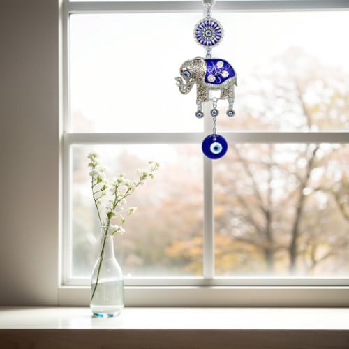 Turkish Blue Evil Eye Lucky Elephant Amulet – Hanging Ornament for Home Office Car Decor -CL16