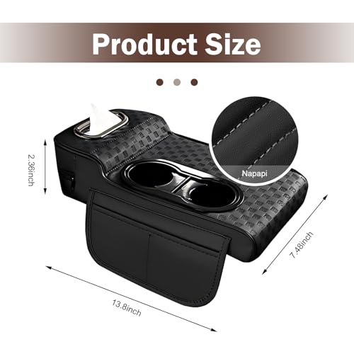 Car Armrest Cushion, Classic Grid Pattern Car Center Console Cover Pad, Waterproof 4-in-1 Armrest Cover with Tissue Box, Cup Holder, 2 Storage Bags, Universal for Most Cars (Black) - color: Black