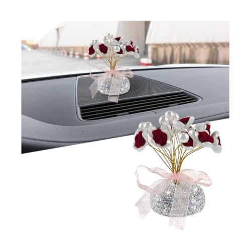 Bling Car Dashboard Ornaments, Crystal Rhinestones Cute Romantic Vehicle Pearl Rose Decoration for Dash, Auto Interior Flower Decor Accessories, Universal for SUV Sedan Truck (Red)