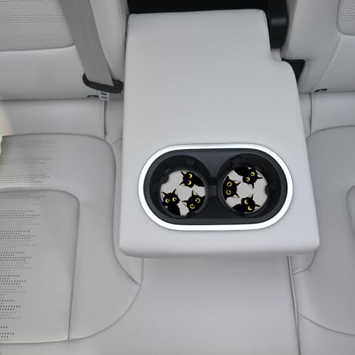 Cute Black Cats Ceramic Cup Holders Car Coasters Set for Women/Men,Drink Cup Car Holder Coasters with A Finger Notch 2.56" Pack of 2.