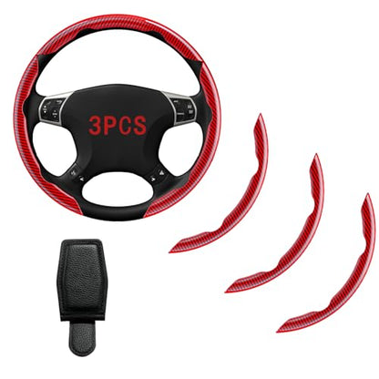Steering Wheel Covers, Carbon Fiber Anti-Skid Clip on Car Steering Wheel Cover Protector 3PCs, with Magnetic Leather Sunglasses Holder for Car Visor, Red - color: RED