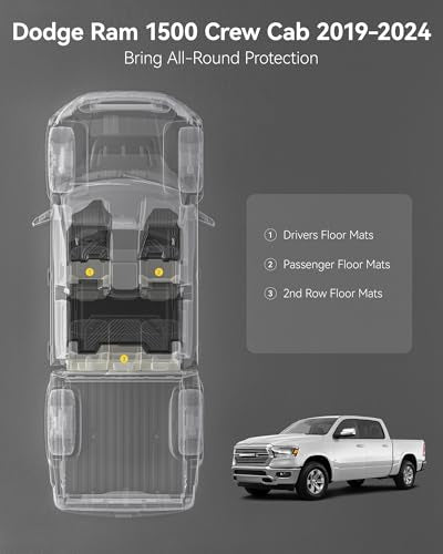 3W Floor Mats Fit for 2019-2024 Dodge Ram 1500 Crew Cab New Body (NOT Classic Models) Without Storage, TPE All Weather Custom Fit Floor Liner for Ram 1500, 1st and 2nd Row Full Set Car Mats - size: 19-24 Ram 1500 w/o Storage Floor Mats