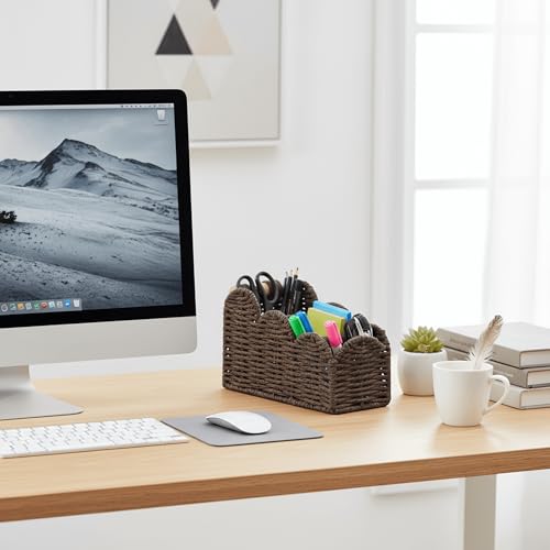 CubesLand Bedside Table Desk Organizer Caddy, Remote Pen&Pencil Holder Cup, Makeup Brush Holder w/Scalloped Perfect for Home, Office Desk, Living Room Table Decor, 3 Slots Brown - color: Brown