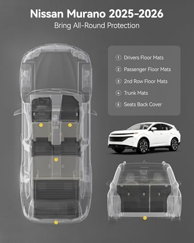 3W Floor Mats & Cargo Liner & Seatback Mats Fit Nissan Murano 2025 2026, Custom Fit All Weather TPE Full Set for Murano, 1st & 2nd Row Floor Mats with Trunk Mats and Seatback Mats, Black - size: 7.Murano|25|Full Set