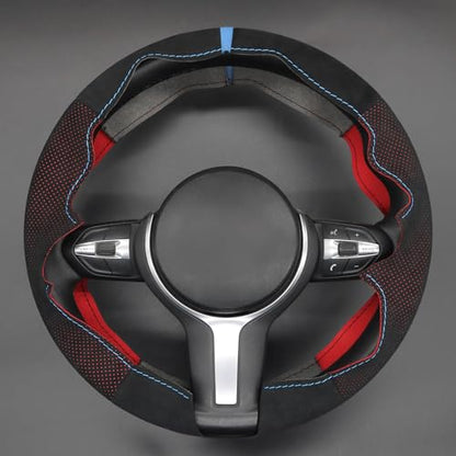 MEWANT Hand-Stitched Steering Wheel Cover for BMW (M Sport) F22 F23 F30 F34 F32 F33 F36 F10 F07 F12 F13 F06 F39 F25 F26 F15 F16, DIY Custom Fit Steering Wheel Wrap for BMW - color: 11:red mesh IT-ALCAN + 3m thread