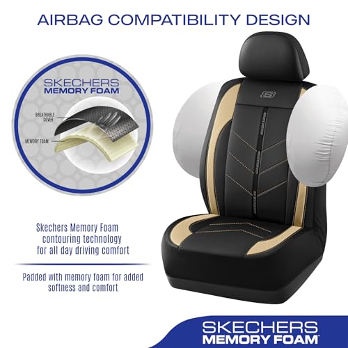 Skechers Car Seat Covers,Luxury Faux Leather Seat Covers,Waterproof Anti Slip Car Seat ProtectorFull Set,Car Accessories Airbag Universal Fit for Most Cars,Vans,Trucks,SUV,Beige