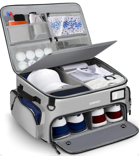 LOINTET Golf Trunk Organizer, Waterproof Car Golf Locker with Separate Ventilated Compartment for 2 Pair Shoes, Golf Storage for Balls, Tees, Cap, Clothes, Gloves, Accessories, Gifts for Men, Women - color: Gray