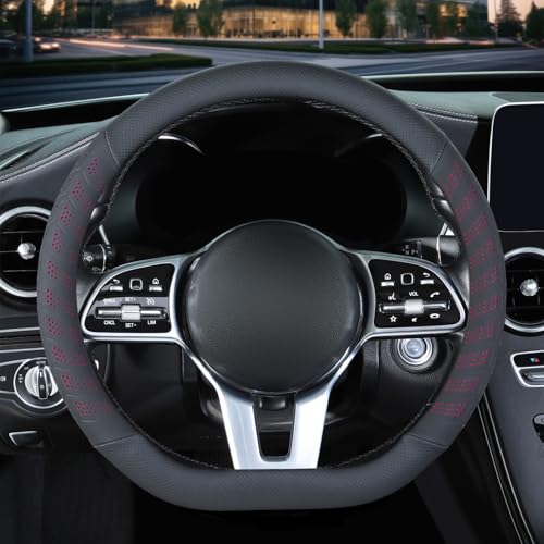 3D Premium Skin-Feel Leather D Shaped Car Steering Wheel Cover, Anti-Slip Breathable Soft Slim Design, Universal 15 inch, Black with Red - color: Black with Red, size: D Type-Medium[14.5''-15'']