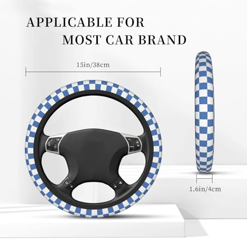 Blue Checkered Steering Wheel Cover for Women, Universal Auto Steering Wheel 14-15 Inch Car Interior Accessories with 2PCS Car Coasters, Suitable for Men and Women - color: blue