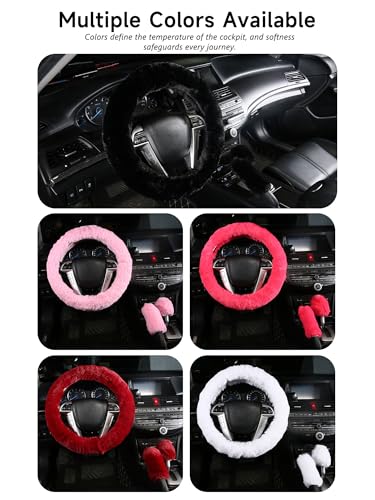 Warm Steering Wheel Cover with Handbrake Cover & Gear Shift Cover, Soft Fazzy Steering Wheel Wrap Faux Wool Fluffy for Winter 3 Pcs1 Set Fit Most of Car(Black) - color: black
