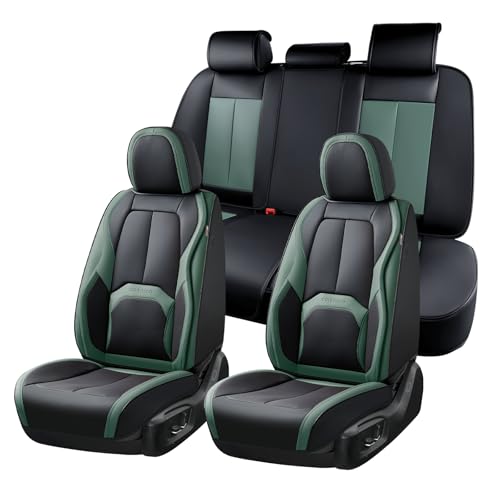 Coverado Car Seat Covers Full Set, Green Car Seat Cover, Car Leather Seat Protector with Lumbar Support, Waterproof Car Seat Cushion, Leather Seat Covers Universal Fit Most Cars, (Black&Green) - color: A-Black&Green, size: Fullset