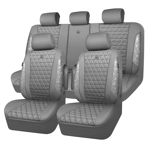 CAR PASS Bling Diamond Gray Leather Car Seat Covers Full Sets Interior Sets, Waterproof Shining Glitter Sparkly Crystal Universal Armrest Fit for Automotive Truck SUV Cute Women Girl, Gray Rhinestone - color: Gray Rhinestone, size: Full Set