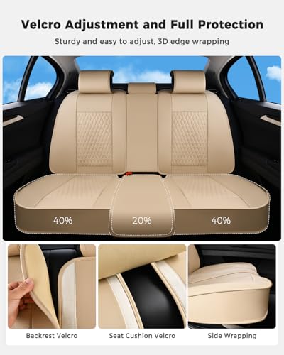 Huidasource Beige Back Seat Covers, Luxury Nappa Leather Rear Seat Cover with Velcro Adjustable, Child Seats, Ventilation Holes, Seat Belts, Car Back Seat Cover Fit for Most Cars SUV Trucks, Beige - color: R# Beige, size: Rear
