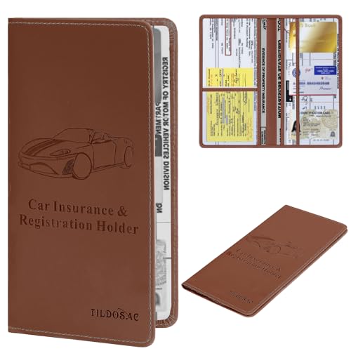 Car Registration & Insurance Card Holder Leather Auto Glove Box Organizer Document Wallet with Magnetic Shut - color: Brown-Upgraded