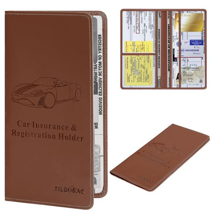 Car Registration & Insurance Card Holder Leather Auto Glove Box Organizer Document Wallet with Magnetic Shut - color: Brown-Upgraded