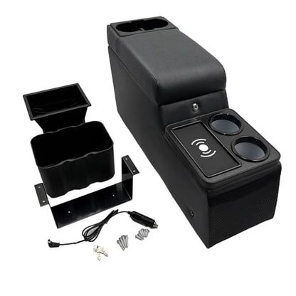 Truck Center Console Truck Seat/Bench Organizer with Wireless Charging and Holder Cups for Jeep CJ5 1976-1983,Jeep CJ7 1976-1986,Jeep Wrangler(YJ) 1987-1995 (Denim Black) - color: Denim Black