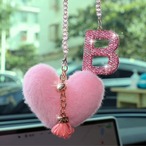 Bling Pink Car Accessories for Women Letter Charm, Rainbow Color Rear View Mirror Cute Crystal Pendant Car Decorations, Lucky Gifts Diamond Rhinestone Charm Interior (B, Tassel Heart) - color: Pink B
