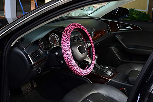 KAFEEK Leopard Plush Steering Wheel Cover for Woman Girl, Universal 15 inch, Pink - color: leopard pink, size: Standard Size[14 1/2''-15'']