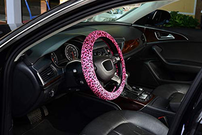 KAFEEK Leopard Plush Steering Wheel Cover for Woman Girl, Universal 15 inch, Pink - color: leopard pink, size: Standard Size[14 1/2''-15'']