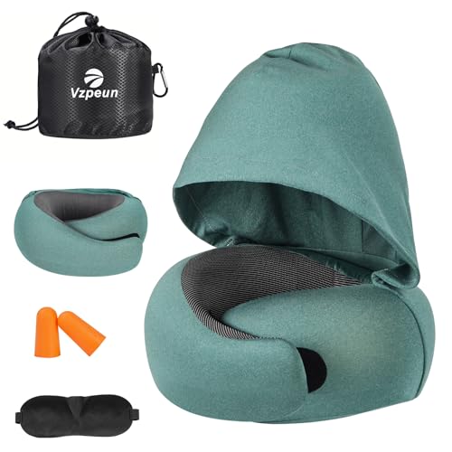 Travel Pillow - Hooded Neck Pillow Airplane Memory Foam Filling for Plane, Office, Cars Sleeping, Road Trip, Long Flights, Airplane Travel Essentials, Includes Eye Mask & Earplugs (Green) - color: Green