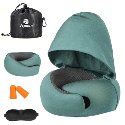 Travel Pillow - Hooded Neck Pillow Airplane Memory Foam Filling for Plane, Office, Cars Sleeping, Road Trip, Long Flights, Airplane Travel Essentials, Includes Eye Mask & Earplugs (Green) - color: Green