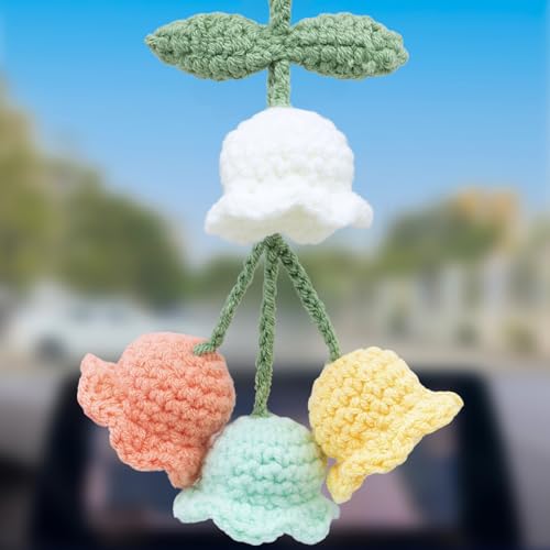 Car Mirror Hanging Accessories - Handmade Knitted Lily Flower Pendant, Cute Crochet Hanging Decor for Rearview Mirror, Women's Car Interior Decoration (White/Yellow/Green/Orange) - color: White-yellow-green-orange-4