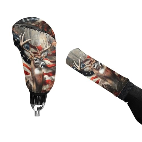 Bulopur Car Shifter Gear Hand Brake Trim Cover Set for Most Cars Van SUV Sedan Truck Auto Accessories - color: American Flag Deer