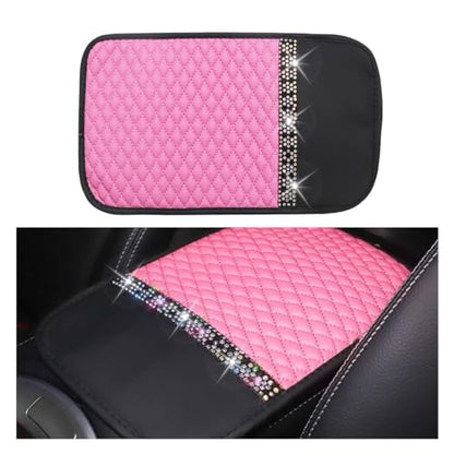 Bling Leather Car Armrest Seat Box Cover, Car Console Armrest Cover with Crystal Rhinestones, Anti-Scratch Waterproof Auto Center Console Protector Cushion Pad for Car SUV Truck (Pink) - color: Pink
