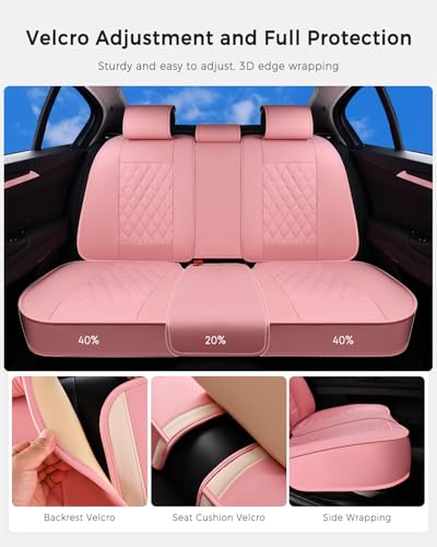Huidasource Pink Rear Seat Covers, Nappa Leather Back Seat Covers Velcro Adjustable, Compatible with Seat Belts, Child Safety Seats, Fit for Most Cars SUVs Trucks (Back Row/Pink) - color: 01R# Pink, size: Back Seat Cover