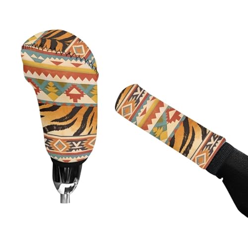 AFPANQZ Car Gear Shift Knob Cover + Hand Brake Sleeve Covers Knob Cover Cloth Sleeves Aztec Tiger Pattern Machine Washable Polyester Fabric Car Decoration 2 PCS Set - color: Aztec Tiger Pattern