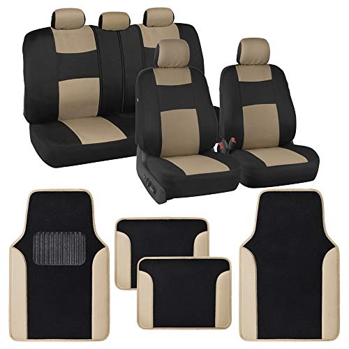 BDK PolyPro Beige Car Seat Covers Full Set with 4-Piece Car Floor Mats - Two-Tone Seat Covers for Cars with Carpet, Interior Covers for Auto Truck Van SUV - color: Black & Beige
