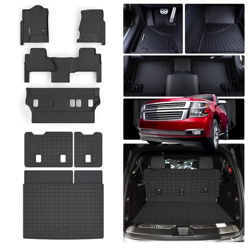 Floor Mats for Chevy Tahoe & GMC Yukon (Not XL) 2015-2020 & Trunk Mat & Backrest Mat TPE All Weather Protection Floor Liner & Cargo Liners Accessories - size: For 2015-2020 tahoe full set mat（8seat）