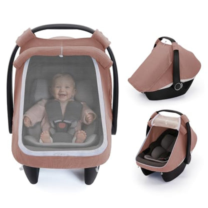 Blissful Diary Baby Car Seat Cover, Extra Large Mesh Window, Breathable Muslin Cotton, Infant Windproof Canopy-Dusty Pink - color: Dusty Pink