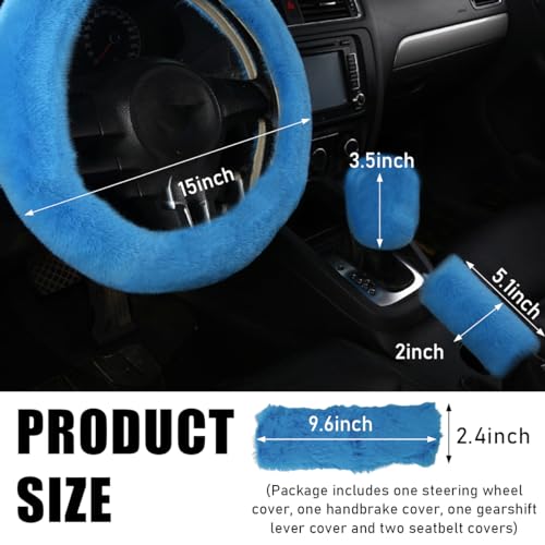 5 PCS Fluffy Steering Wheel Covers Set, Faux Wool Steering Wheel Cover & Handbrake Cover & Gear Shift Cover & 2 Seat Belt Shoulder Pads, Universal Car Accessories (Light Blue) - color: Light Blue