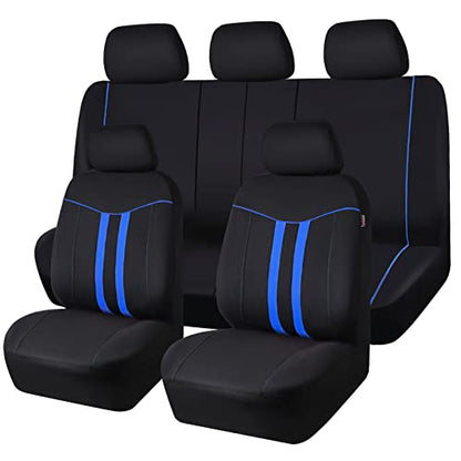 CAR-GRAND Universal Stylish Piping Cloth Car Seat Covers Full Set, Breathable and Washable Seat Covers with Air Compatible,3 Zipper Bench Design,Fit 90% Automotive,SUV,Truck,Sedan (Black-Blue Strips) - color: Black-Blue