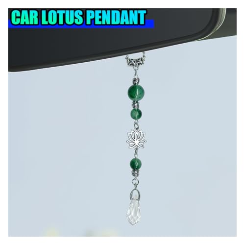 ZIMISI Lotus Flower Car Mirror Hanging Accessories, Lucky Crystal Car Rear View Mirror Charm, Bling Green Stone Hanging Ornament Pendant, Boho Healing Automotive Interior Accessories
