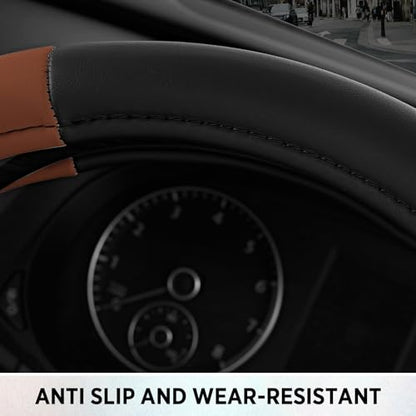 Road Comfort Leather Steering Wheel Cover – Premium Anti-Slip Car Steering Wheel Grip Cover – Universal Fit for 14.5”–15” Cars, Trucks & SUVs - Purple - color: Brown