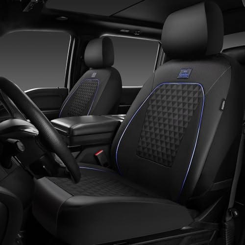 Outlet Leather Car Seat Covers Gel Wetsuit PU Front Seat Cover Waterproof EVA 2pcs All Weather Neoprene Universal Fit Pickup SUV Truck Sedan Automotive, Armrest Airbag Compatible, Rhombic Blue Strip - color: Black Blue, size: Front Seats