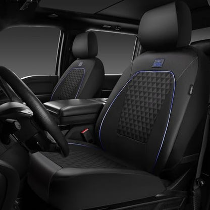 Outlet Leather Car Seat Covers Gel Wetsuit PU Front Seat Cover Waterproof EVA 2pcs All Weather Neoprene Universal Fit Pickup SUV Truck Sedan Automotive, Armrest Airbag Compatible, Rhombic Blue Strip - color: Black Blue, size: Front Seats