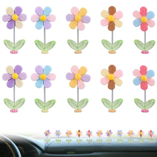 10pcs Flower Car Dashboard Decorations, Shaking Resin Flower Car Decor Funny Flowers Car Accessories Ornaments for Car Interior Office Desk