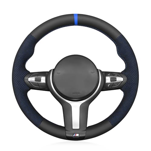 MEWANT Hand-Stitched Steering Wheel Cover for BMW (M Sport) F22 F23 F30 F34 F32 F33 F36 F10 F07 F12 F13 F06 F39 F25 F26 F15 F16, DIY Custom Fit Steering Wheel Wrap for BMW - color: 12:Genuine leather & IT-ALCAN with blue layer
