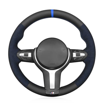 MEWANT Hand-Stitched Steering Wheel Cover for BMW (M Sport) F22 F23 F30 F34 F32 F33 F36 F10 F07 F12 F13 F06 F39 F25 F26 F15 F16, DIY Custom Fit Steering Wheel Wrap for BMW - color: 12:Genuine leather & IT-ALCAN with blue layer