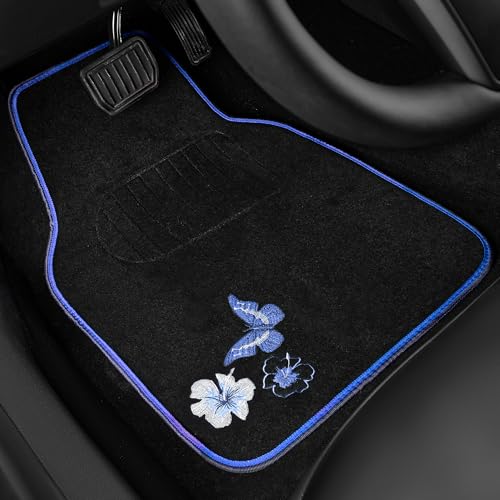CAR PASS Universal Fit Embroidery Butterfly and Flower Car Floor Mats, Blue Car Floor Mats Fit 95% Automotive,SUVS,Sedan,Vans,for Women,Girly,Set of 4 (Black with Blue) - color: Blue Butterfly and Flower