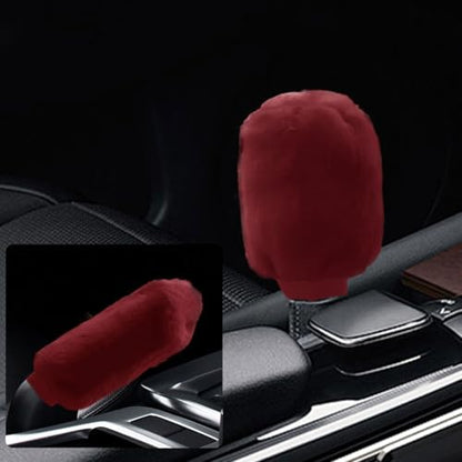 2PCS Plush Car Gear Shift Knob Cover & Handbrake Cover, Soft Fluffy Shift Knob Brake Handle Protector, Universal Car Interior Accessories (Burgundy) - color: Burgundy