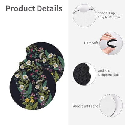 Wildflower Car Steering Wheel Cover Flowers Wildflower Steering Wheel Cover for Women Cute Anti-Slip Universal Breathable 14-15-in 2 Car Cup Coasters for Women